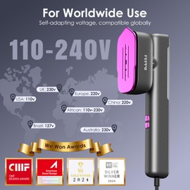 FEPPO Travel Steamer for Clothes, 110-240V Dual Voltage Portable Steamer & Iron 2 in 1, Fast Heat Up, 1100W Powerful Garment Steamer, Large Ceramic Heat Panel for Home & Global & Europe Traveling