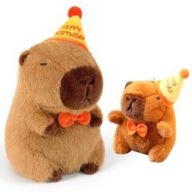 Capybara Plüschtier & Plush Keychain, Capybara Kuscheltier Stofftier mit Geburtstag Hut, Kawaii Capybara Puppenkissen Kissen Spielzeug, Niedlichen Plushie Geschenk für Kinder Jungen Mädchen 25cm