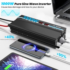 OLTEANP 1000W Pure Sine Wave Power Inverter with 2 AC Outlets, 2 USB Ports, LCD Display, 12V to 110V Car & Home Inverter for Vehicles, Laptop