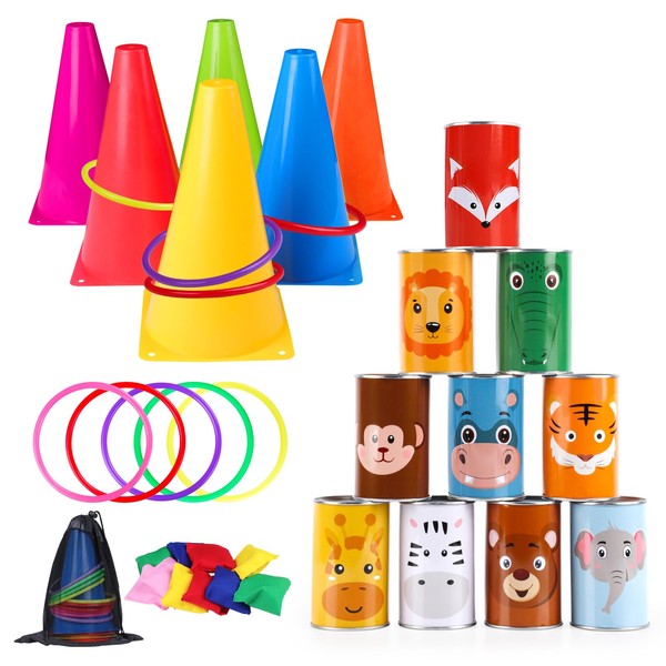 Hooqict 36PCS Carnival Games Set 4 in 1 Bean Bag Toss Can Games Soft Plastic Cones Cornhole Ring Toss Game for Indoor Outdoor Kids Birthday Party School Field Day Activities for Adults and Family