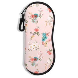 NPOOYI Sunglasses Soft Case, Ultra Light Portable Neoprene Zipper Glasses Case, Eyeglass Case with Carabiner for Men Women, Pink Flower