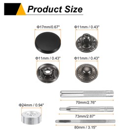 sourcing map 24Set Leather Snaps Fasteners Kit 17mm Dia Brass Press-Stud Cap Button 2.76" Length Metal Snap Buttons with 4 Install Tools for Coat Bag Leather Marine Boat Canvas, Matte Black