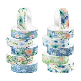 CZAYEFNH 12 Roll Floral Washi Tape Set Blue Rose Decorative Masking Tape Gold Foil Art Washi Tape Colorful Aesthetic Scrapbook Tape DIY Multi-Pattern Japanese Tape for Planner Journal Wrapping Gift