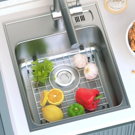 SlimmKISS Sink Rack,Sink Protectors for Kitchen Sink,Stainless Steel Sink Grid for Bottom of Sink,Metal Sink Grate with Strainer,Rear Drain for Double Bowl with Corner Radius,13"X 15",2 Packs