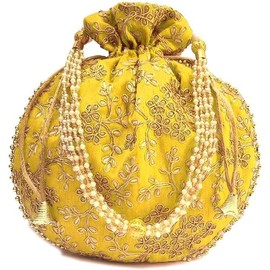 PINK TREASURE Indian Ethnic Yellow Potli Bag Ladies Handbag for Bridal, Batwa Pearls Handle Clutch