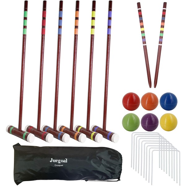 Juegoal Six Player Deluxe Croquet Set with Wooden Mallets, Colored Balls, Sturdy Bag for Adults &Kids, Perfect for Lawn, Backyard and Park, 28 Inch
