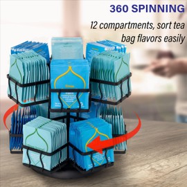 NHZ Tea Bag Organizer - Spinning Carousel Holder With 12 Compartments, Up to 140 Tea Bags Storage, Black Powder Coated Stainless Steel