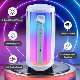 UNIKMAX IPX7 Portable Bluetooth Speaker with 8 Colors LED Light Show Mode, Hands Free Function, TF Card, USB, AUX Input, Waterproof Portable Wireless Speaker, White