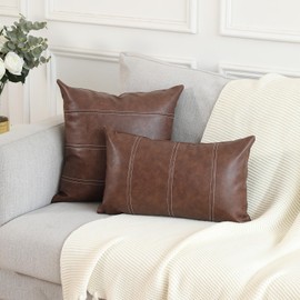 MANDIOO Set of 2 Boho Striped Faux Leather Throw Pillow Covers 24x24 Inch Modern Luxury Square Decorative Cushion Cases for Living Room Bedroom Sofa Couch Dark Brown