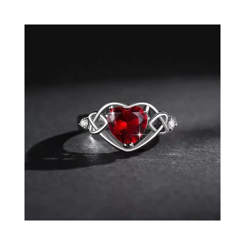 Dtup Anillo Compromiso Corazón Rojo Rubí Plata S925 Promesa Amor