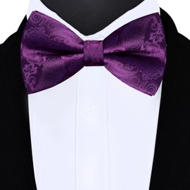 GUSLESON Dark Purple Bow Tie Pocket Square Set for Wedding Pre-Tied Paisley Solid Bowties Handkerchief Cufflinks for Men (0497-06)