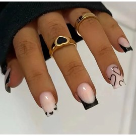 Nails French Manicure Black Hearts/Press on Nails/Natural Colour With Black Hearts/Stick on Nails/Fake Nails/Set of 24 with Gel Stickers AND Glue