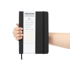 Bullet Journal A5 Dotted Notebook with Faux Leather Hardback Cover and Premium 120gsm Thick Dot Grid Paper (128 Cream Pages, Black)