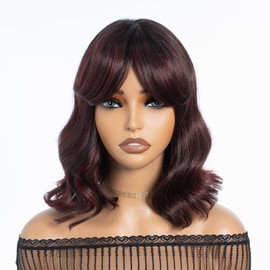 NOBLE Ombre Ginger Orange Wig with Bangs for Women Bob Wavy Synthetic Wigs Heat Resistant Hair for Daily Party Use.