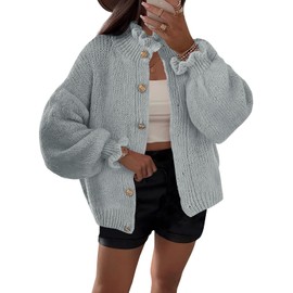 Saodimallsu Womens Ruffle Cardigan Oversized Button Up Fall Trendy Ribbed Knit Open Front Long Sleeve Loose Cute Sweater Grey