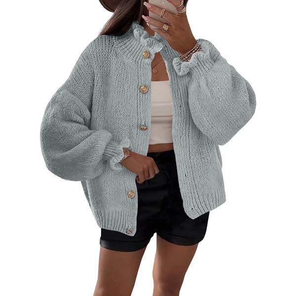 Saodimallsu Womens Ruffle Cardigan Oversized Button Up Fall Trendy Ribbed