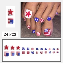 July 4th Press-On Toenails Short Square False Toenails Glossy Red Blue and White Acrylic Independence Day Flag Pattern Full Coverage Artificial Toenail Stickers for Women and Girls 24 Pieces