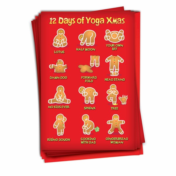 12 'Yoga Xmas' Boxed Christmas Cards with Envelopes 4.63 x 6.75 inch, Naughty Gingerbread Man Doing Yoga Poses Holiday Notes, Gingerbread Man Yogi Christmas Notes, Inappropriate, Dirty Humor B1190