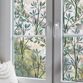 Window Privacy Film, Rainbow Green Plant Leaves Static Cling Decorative, Double Sided Stained Glass Window Stickers for Home Living Room Bathroom Glass Windows Door, 38.4 x 15.8 inches (Green Vines)
