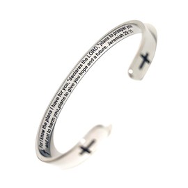 RENYILIN Religious prayer bracelet Christian inspirational quotes Cross Cuff bracelet Baptismal Faith Bible verses inspired cuff jewelry (Steel & Jeremiah 29：11)