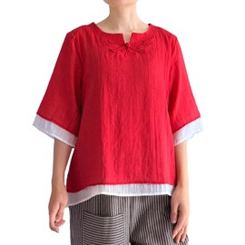 Minibee Women's Cotton Linen Shirts Summer 3/4 Length Sleeve Tops Chinese Frog Casual Blouse Red 2XL