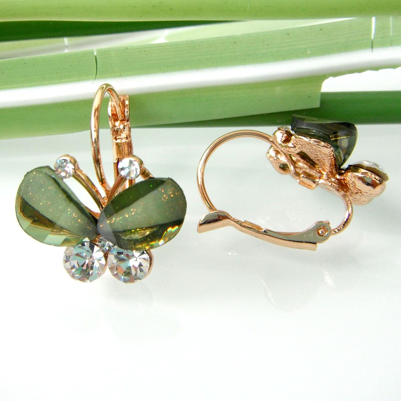 Navachi 18k Gold Plated White Crystal Green Acetate Flying Butterfly