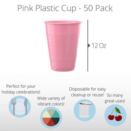 Exquisite 12 oz Pink Plastic Cups II 50 Count Bulk Pack Disposable Party Cups II Premium Quality Plastic Tumblers for Parties