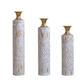 FRITHJILL Set of 3 Tall White and Gold Metal Cylinder Vases with Textured Design, Ideal for Home Décor or Floral Arrangements, Elegant Decorative Pieces for Living Room, Entryway, or Dining Room