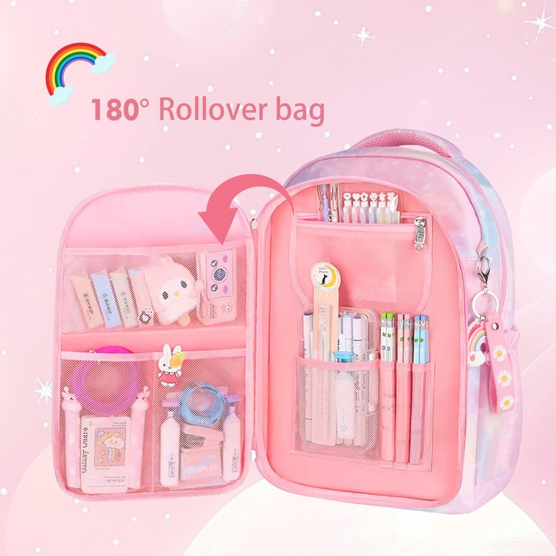 QJHEC Kawaii Rainbow Backpack for Girls – Cute Starry School