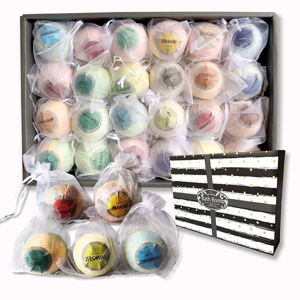 Aromatherapy Bath Bomb Gift Set.24 Individually Wrapped Bath Bombs in Gorgeous Mesh Bags. Luxury Bath Bombs Set Ready to Gift as Party Favors, Wedding Favors etc. 24 Bath Balls Fizzers