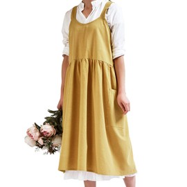 SALUDABLE 2022 Improved Model, Nordic Style Apron, Stylish, Cute, One-piece H-Shape, Women's, Simple, Nursery School, Cotton, Hide Your Buttock, Long Length, With Pockets, yellow (mustard)