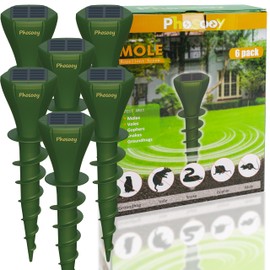 Phosooy 6 Packs Mole Repellents, Solar Powered Motor Vibrate Gopher Deterrent with Spiral Drill Ground Stake, IP65 Waterproof Lawn Garden Yard Pest Repeller Drive Away Vole Snakes Groundhog