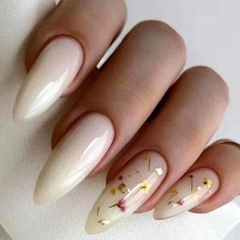 ANDGING Milky White Press on Nails Almond Medium Fake Nails with Flower Leaf Design Gel Glue on Nails for Women Girls Acrylic False Nails with Glue Stick on Nails for Wedding Birthday 24Pcs TGB559