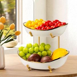 OdoVow 2 Tier Ceramic Fruit Bowl, Fruit Basket for Kitchen Counter, Tiered Fruit Rack for Countertop, Modern Multi Large Capacity Serving Holder for Party Dessert, Vegetable, Snack(Gold&White)