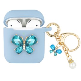 Wonhibo for Airpods Case for Women Girls, Cute Butterfly Cover for Airpod 1 & 2 with Keychain (Blue)