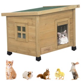 Agitree Outdoor Wooden Pet House, Weatherproof Winter Shelter for Dogs and Cats, Elevated Design with Window (Yellow, 22.56 * 17.71 * 16.73)