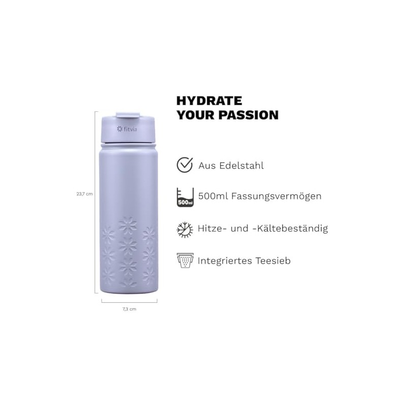 fitvia Thermos Flask "Purple" 500 ml Stainless Steel, Integrated Tea