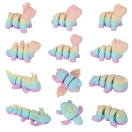 LALASTYULE 12PCS 3D Printed Mini Animals Set Articulated Dinosaur, Turtle, Bat, Rhino & More Movable Joint Fidget Toys Home Office Decor Educational Collectibles (Rainbow)