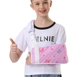 Fotgok Kids Arm Sling, Adjustable Printed Arm Sling for Kids, Breathable Fabric Shoulder Immobilizer Arm Brace Support Sling with Thumb Loop for Children (Pink, Large)