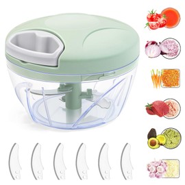 Gemüseschneider, 500 ml Zwiebelschneider Manuell, Zwiebel Zerkleinerer Manuell mit Seilzug, Multizerkleinerer mit 3 Edelstahlklingen, Gemüsezerkleinerer Küche,fur Knoblauch Zwiebeln Schneider (Grün)