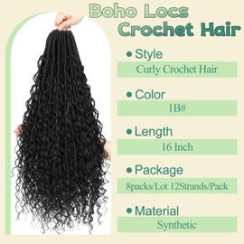 YYQXZG Boho Faux Locs Crochet Hair Goddess Locs Crochet Hair 16 Inch Pre-Looped Boho Soft Locs Crochet Hair with Curly Ends for Black Women (1B, 16 Inches), Pack of 8