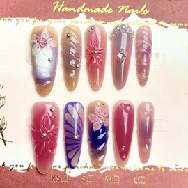 Handmade Press on Nails Long Almond False Nails with 5D Rhinestone Flower Design Water Drop Fake Nails Glossy Ombre Pink Stick on Nails Gradient Purple Glue on Nails for Women Girls Manicure 30Pcs