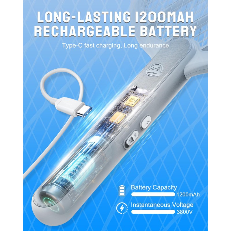 Mosiller Electric Fly Swatter, 3800V Handheld Bug Zapper Racket, Type-C
