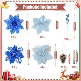 56 Pcs Christmas Tree Decorations, Christmas Ornaments Set with Poinsettias Artificial Christmas Flowers, Berry Branches and Pine Cones, Christmas Decor for Tree/Wreath/Garland(Blue)