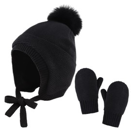Basic Winter Baby Boys Beanie Gloves Knitted Girls Hat With Pompom Earflap Warm Fleece Lining Kids Hats Mittens (Black(Hat+Glove), 2-5 Years)