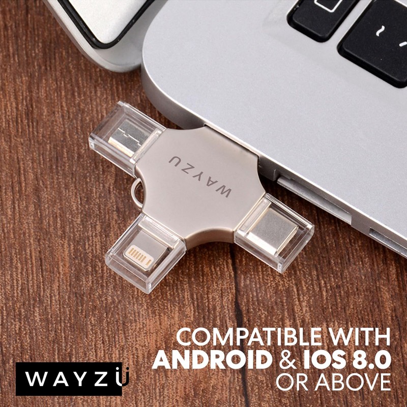 Wayzu 4-in-1 USB Flash Drive, Multi-Device Compatible, Type-C/Lightning/Micro-USB/USB-A, Portable Storage