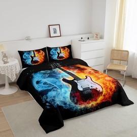 Guitar Bedding Set Rock Music Themed Comforter for Kids Adults Fire Water Musical Notes Comforter Set Electric Guitar Instruments Print Duvet Set Room Decor 3Pcs Full Size Boys