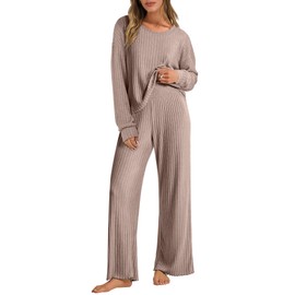 ANRABESS Women 2 Piece Lounge Pajamas Sets Casual Ribbed Knit Long Sleeve Top Pants Matching Set 2025 Fall Outfits Clothes Khaki Large