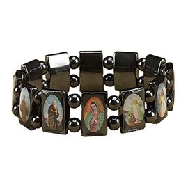 Religious Gifts Mens Womens Catholic Gift 1/2 Inch H Hematite Bead All Patron Saints Icon Image Stretch Bracelet