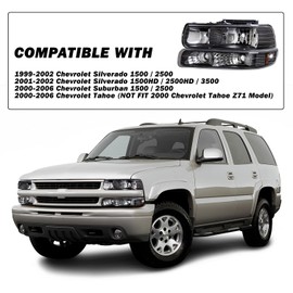 SOCKIR Headlight Assembly Compatible with 1999-2002 Chevy Silverado / 2000-2006 Chevy Tahoe Suburban Replacement with Bumper Lights Black Housing with Amber Reflector with Bulbs